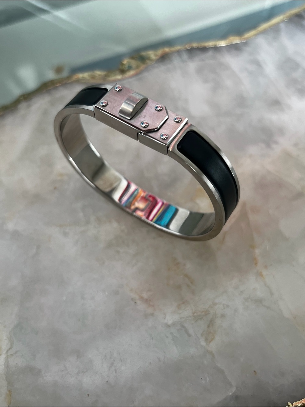 Hermes Black and Silver MEN Hinged Bracelet